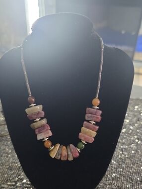 Vintage Multicolor Stone Necklace featuring Pink, Cream, Green and Orange
